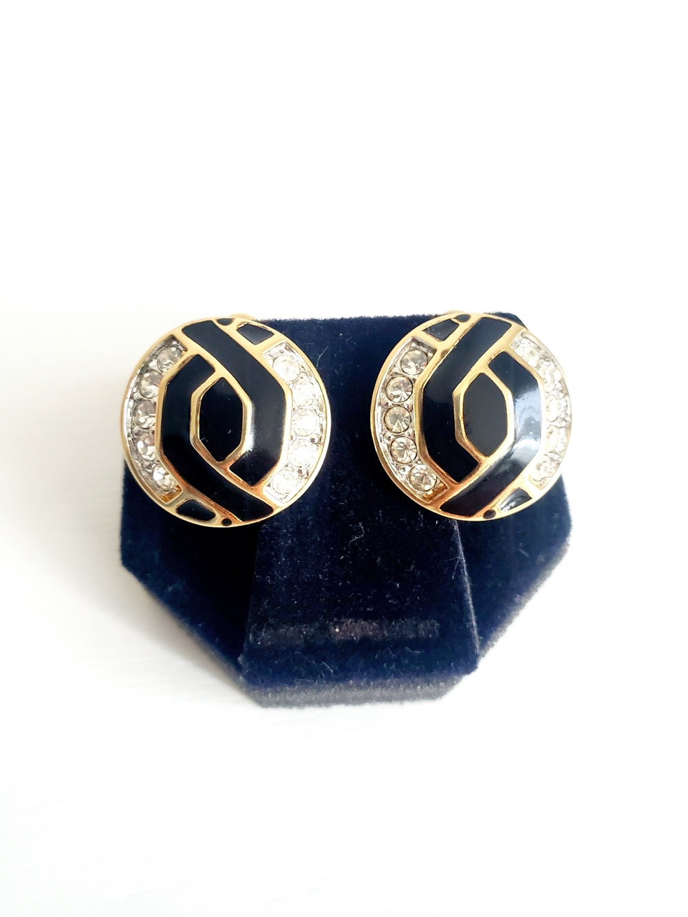 D'Orlan 22k Gold Plated Black Enamel Crystal Clip-On Earrings - Vintage